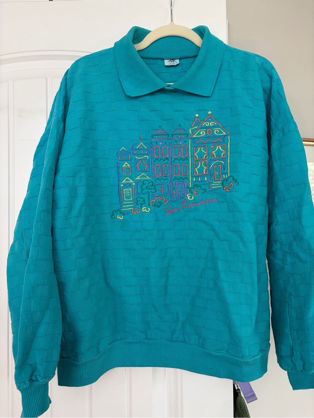 Teal Pullover Sweater with Colorful San Francisco House Embroidery